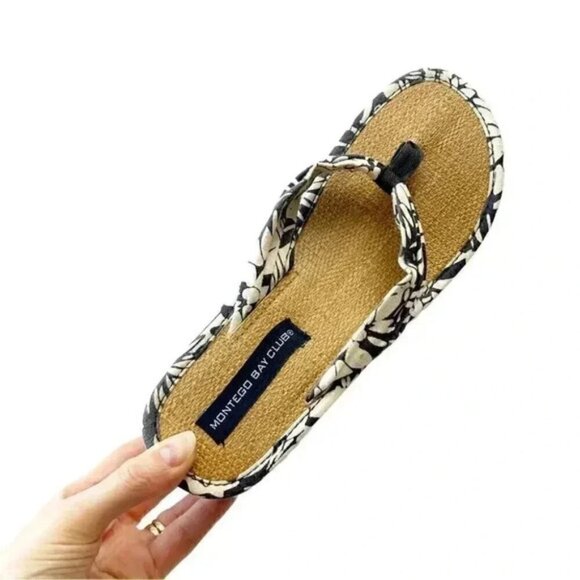 Montego Bay Wedge Sandal Platform Thong White Blue Floral Print Size 7.5 - Picture 12 of 13